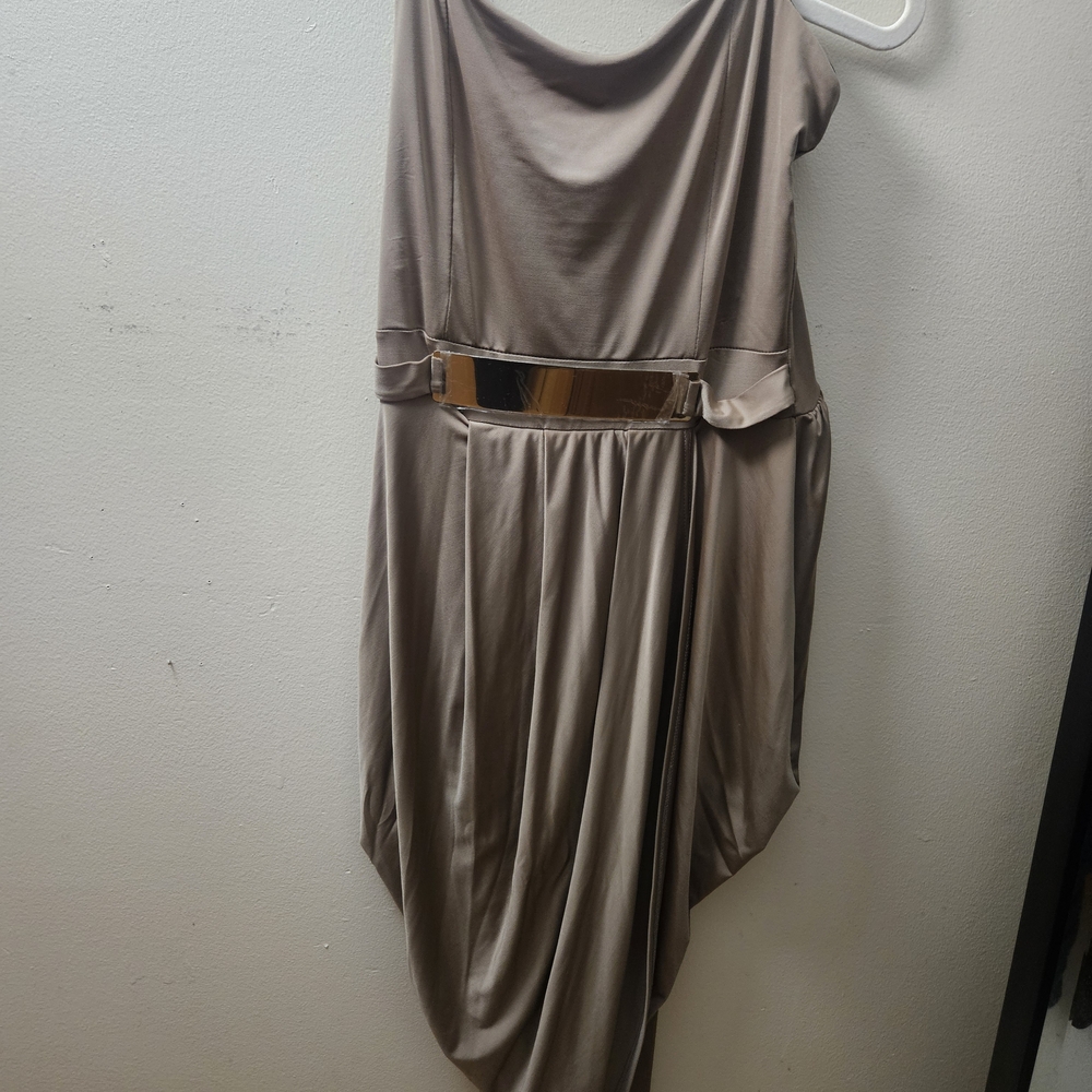 Charlotte Russe Taupe Asymmetrical Drape Dress with Metallic Waist